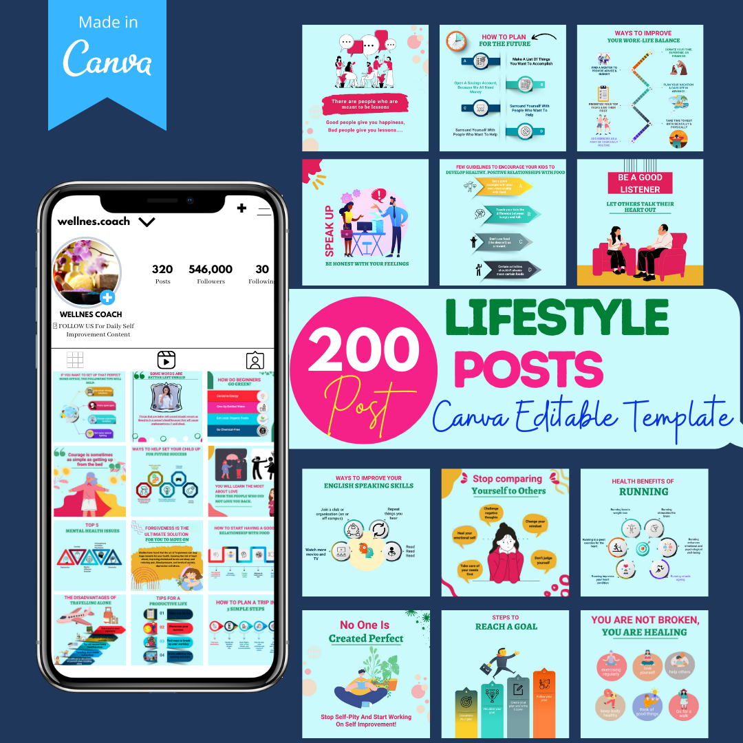 200 Lifestyle Posts - Canva Editable Templates