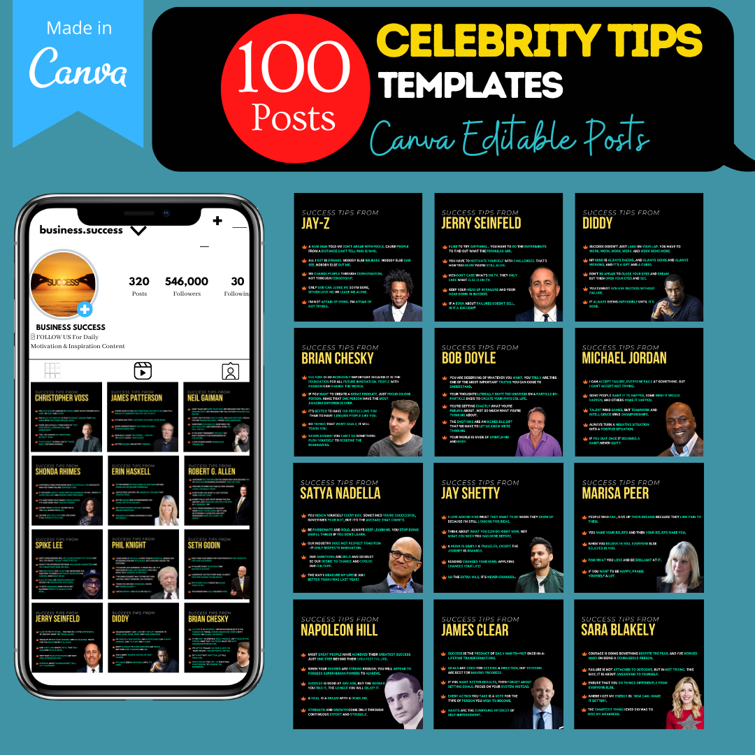 Celebrity Tips - Canva Editable Template - 100 Posts