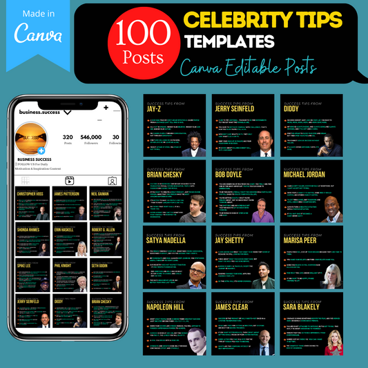 Celebrity Tips - Canva Editable Template - 100 Posts